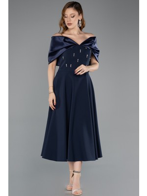 Abiyefon Saten Taşlı Kayık Yaka Midi Davet Elbisesi ABK2523