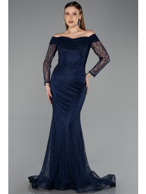 Abiyefon Kayık Yaka Uzun Kol Dantel Abiye Elbise ABU5617