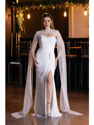 Abiyefon Straplez Yırtmaçlı Uzun Pelerinli Dantel Abiye ABU5614