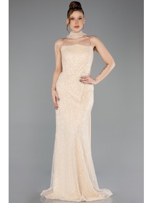 Abiyefon Straplez Şallı Uzun Boncuklu Abiye Elbise ABU5683