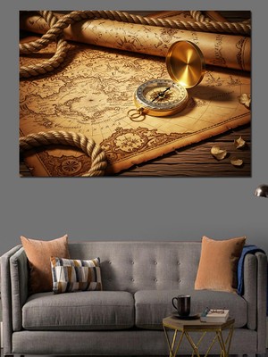Tablomega Eskitme Kağıtta Pusula ve Harita Dekoratif Kanvas - Mdf Ahşap Tablo