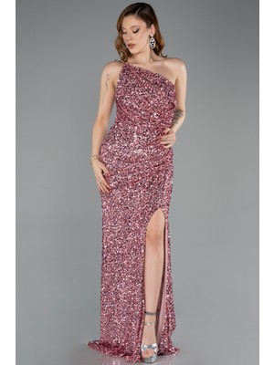 Abiyefon Tek Omuz Bacak Dekolteli Uzun Pullu Abiye ABU5647