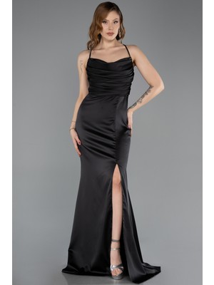 Abiyefon Askılı Bacak Dekolteli Uzun Saten Mezuniyet Elbisesi ABU5646