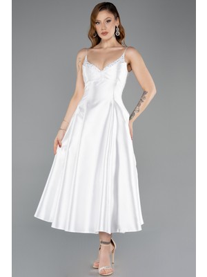 Abiyefon Askılı V Yaka Midi Saten Gece Elbisesi ABK2515