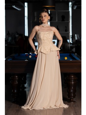 Abiyefon Straplez Payetli Peplum Kesim Şallı Uzun Abiye ABU5689