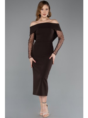 Abiyefon Kayık Yaka Uzun Tül Kol Midi Davet Elbisesi ABK2522