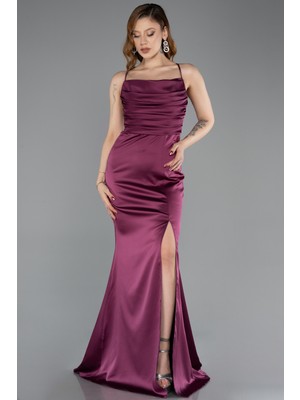 Abiyefon Askılı Bacak Dekolteli Uzun Saten Mezuniyet Elbisesi ABU5646