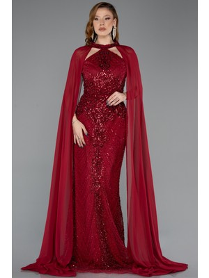 Abiyefon Halter Yaka Şallı Uzun Boncuklu Abiye Elbise ABU5595