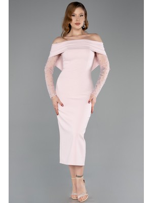 Abiyefon Kayık Yaka Uzun Tül Kol Midi Davet Elbisesi ABK2522