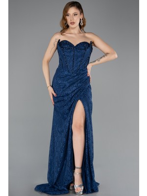 Abiyefon Straplez Bacak Dekolteli Dantelli Uzun Abiye ABU5642