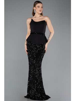 Abiyefon Asimetrik Straplez Yaka Peplum Uzun Pullu Abiye ABU5654