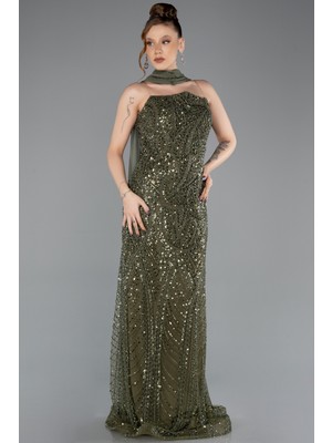 Abiyefon Straplez Şallı Uzun Boncuklu Abiye Elbise ABU5683