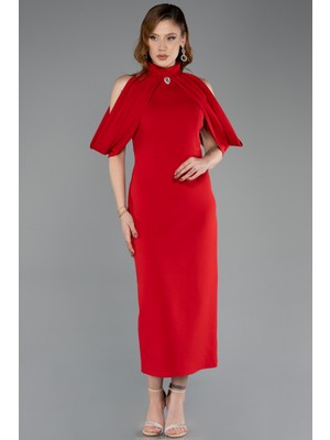 Abiyefon Dik Yaka Omuz Dekolteli Midi Davet Elbisesi ABK2517