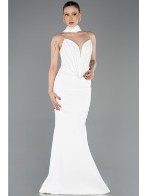 Abiyefon Taşlı Straplez Yaka Şallı Uzun Balık Abiye ABU5568