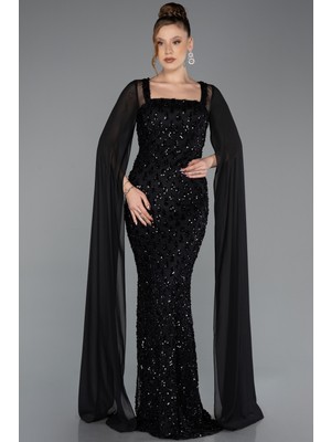 Abiyefon Kare Yaka Pelerin Kol Uzun Pullu Abiye Elbise ABU5589