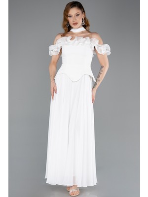 Abiyefon Fırfırlı Yaka Peplum Kesim Midi Davet Elbisesi ABK2524