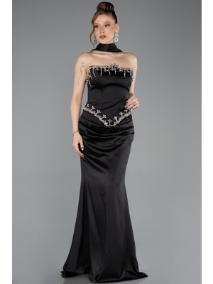 Abiyefon Taşlı Straplez Yaka Peplum Uzun Saten Abiye ABU5679