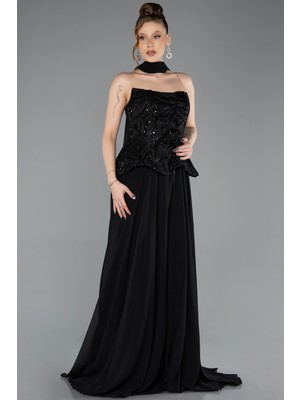 Abiyefon Straplez Payetli Peplum Kesim Şallı Uzun Abiye ABU5689