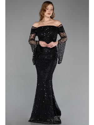 Abiyefon Uzun Kol Kayık Yaka Pullu Balık Abiye Elbise ABU5623