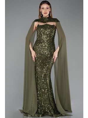 Abiyefon Straplez Pelerinli Uzun Pullu Abiye Elbise ABU5633