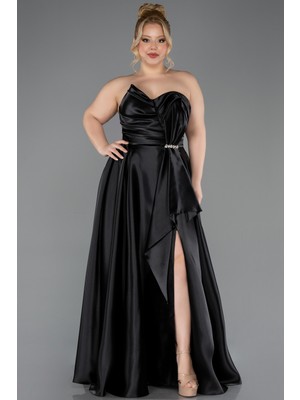 Abiyefon Straplez Yırtmaçlı Uzun Saten Büyük Beden Abiye ABU5650