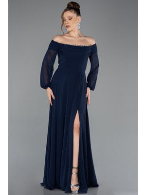 Abiyefon Taşlı Kayık Yaka Uzun Kol Yırtmaçlı Şifon Abiye ABU5591