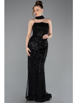 Abiyefon Straplez Şallı Uzun Boncuklu Abiye Elbise ABU5683