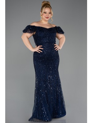 Abiyefon Kayık Yaka Boncuklu Uzun Büyük Beden Abiye ABU5548