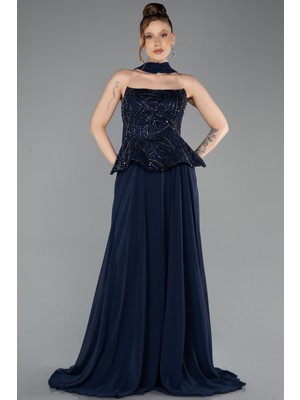 Abiyefon Straplez Payetli Peplum Kesim Şallı Uzun Abiye ABU5689