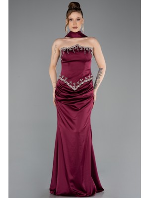 Abiyefon Taşlı Straplez Yaka Peplum Uzun Saten Abiye ABU5679