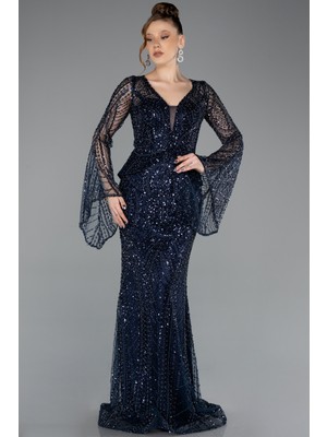 Abiyefon V Yaka Uzun Kol Boncuklu Özel Tasarım Abiye ABU5690