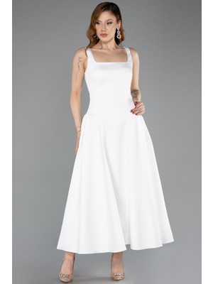 Abiyefon Kolsuz Kare Yaka Midi Davet Elbisesi ABK2519