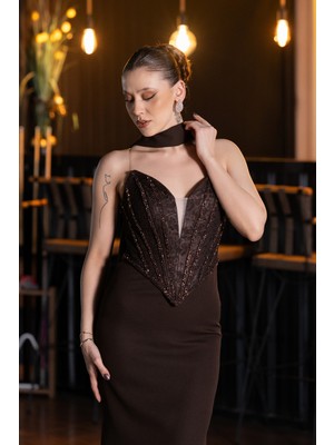 Abiyefon Taşlı Straplez Yaka Şallı Uzun Balık Abiye ABU5568