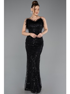 Abiyefon Otrişli Straplez Yaka Uzun Boncuklu Abiye ABU5590