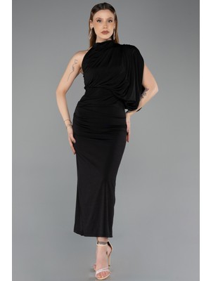 Abiyefon Asimetrik Drape Detaylı Dik Yaka Midi Gece Elbisesi ABK2507