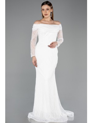 Abiyefon Kayık Yaka Uzun Kol Dantel Abiye Elbise ABU5617