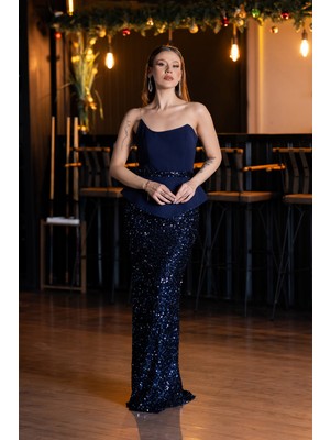 Abiyefon Asimetrik Straplez Yaka Peplum Uzun Pullu Abiye ABU5654