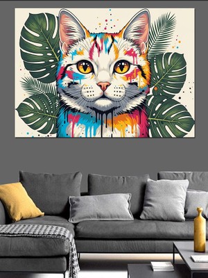 Tablomega Renkli Graffiti Tarzı Kedi Portresi Dekoratif Kanvas - Mdf Ahşap Tablo