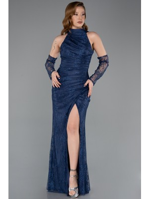 Abiyefon Halter Yaka Eldivenli Uzun Dantel Balık Abiye ABU5598