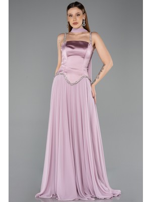 Abiyefon Taşlı Askılı Saten Peplum Şallı Uzun Şifon Abiye ABU5619
