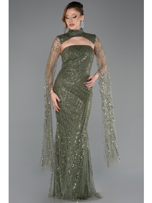 Abiyefon Straplez Dik Yaka Pelerinli Uzun Boncuklu Abiye ABU5652