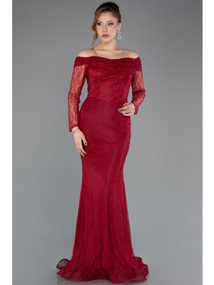 Abiyefon Kayık Yaka Uzun Kol Dantel Abiye Elbise ABU5617