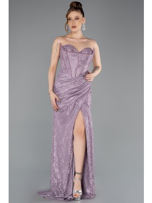 Abiyefon Straplez Bacak Dekolteli Dantelli Uzun Abiye ABU5642