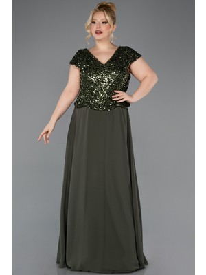 Abiyefon Pullu Kısa Kol V Yaka Uzun Şifon Büyük Beden Abiye ABU5651