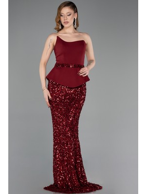 Abiyefon Asimetrik Straplez Yaka Peplum Uzun Pullu Abiye ABU5654