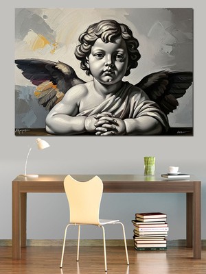 Tablomega Kanatlı Bebek Melek Heykel Büstü Dekoratif Kanvas - Mdf Ahşap Tablo