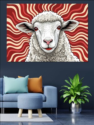 Tablomega Kırmızı Çizgili Modern Koyun Portresi Dekoratif Kanvas - Mdf Ahşap Tablo