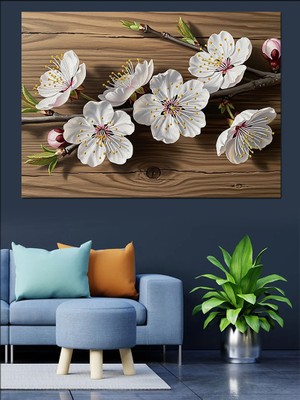 Tablomega Ahşap Zemin Üzerinde Beyaz Çiçekler Dekoratif Kanvas - Mdf Ahşap Tablo