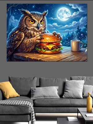 Tablomega Hamburger Yiyen Gece Baykuşu Tablosu Dekoratif Kanvas - Mdf Ahşap Tablo