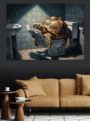 Tablomega Klozet Üzerinde Okuyan Komik Kaplumbağa Dekoratif Kanvas - Mdf Ahşap Tablo